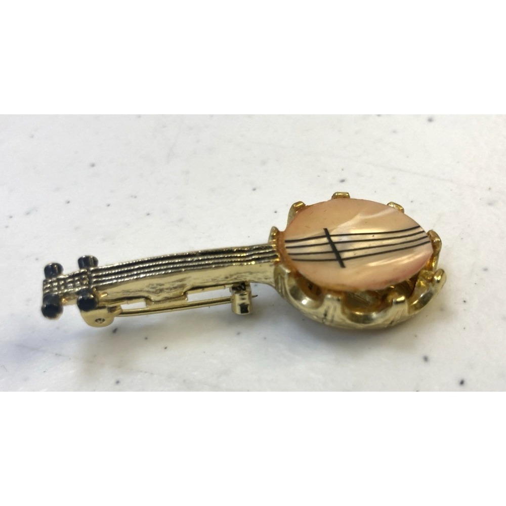 Vintage Pin Banjo Figural Mother of Pearl Brooch Estate Mid Century 1.5" - Picture 3 of 7